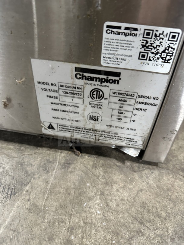 Champion UH130BM4 stainless steel undercounter dishwasher, 120-208/230V, 1 Phase. High-temp, ETL certified, serial W180275562.