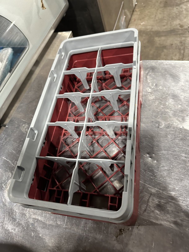 Commercial Cranberry Camrack, 10 compartment, 3 5/8" half-size glass rack, includes one extender, used condition.
