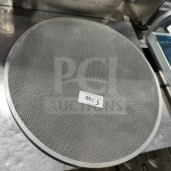 Round aluminum pizza baking screen, commercial-grade, mesh design, slight wear. Sticker: "88, Qty 3."