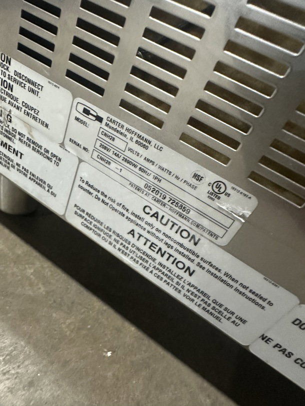 Carter Hoffmann CNH28 fry warming station, stainless steel, electric, 208V, single-phase, legs, caution label visible.