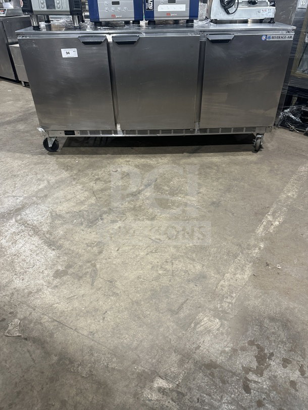 Beverage-Air UCR72AHC stainless steel 3-door undercounter refrigerator on casters, poly-coated wired rack, Model: UCR72AHC.