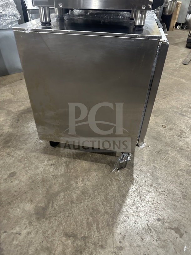Beverage-Air UCR72AHC commercial 3-door stainless steel undercounter refrigerator, 72", poly coated rack, on casters.