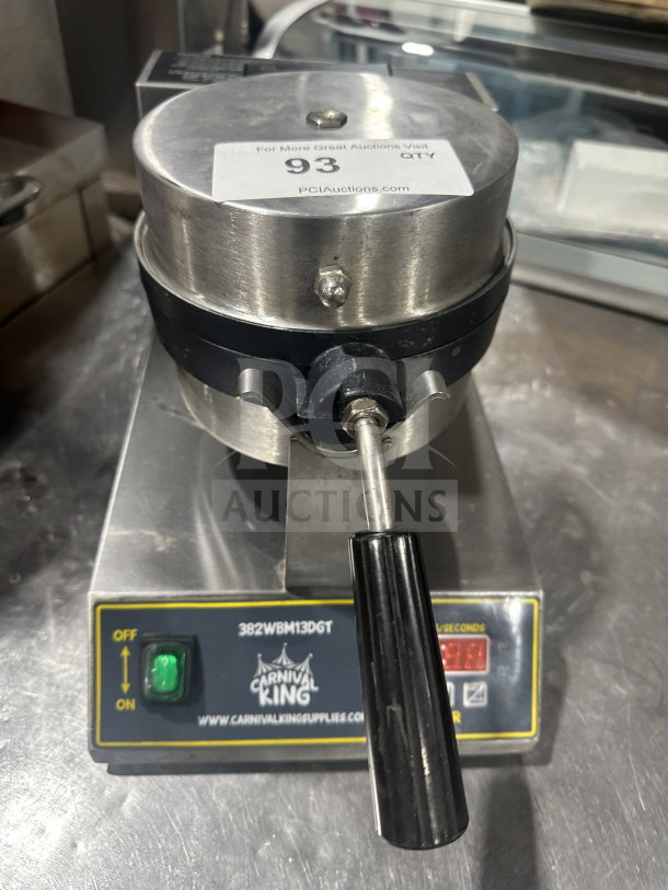 Carnival King stainless steel Belgian waffle maker, model 382WBM13DGT, with non-stick grid, timer, and back splash.