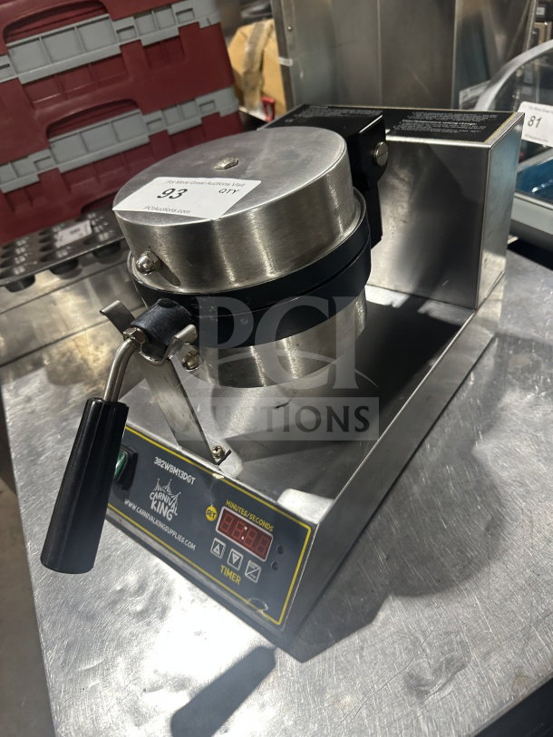 Carnival King stainless steel Belgian waffle maker with audible timers, non-stick rotating grid, Model 382WBM13DGT.