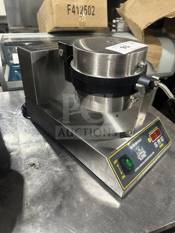 Carnival King stainless steel Belgian waffle maker, model 382WBM13DGT, with timers, non-stick grid, and backsplash. 120V.