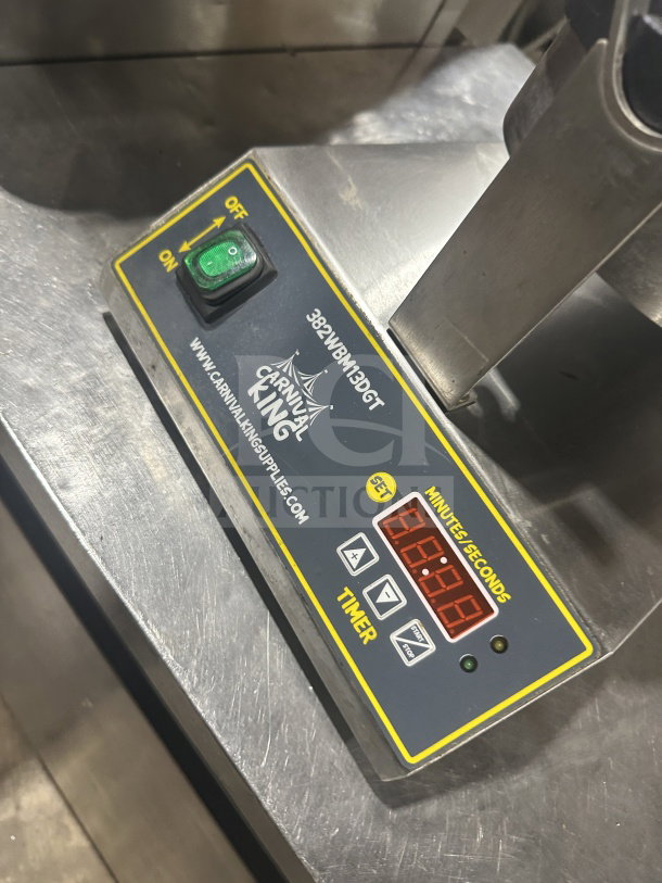 Carnival King commercial waffle maker, model 382WBM13DGT, features stainless steel, audible timers, and a non-stick grid.