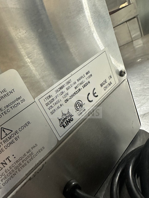 Carnival King waffle maker, stainless steel, Model 382WBM13DGT, with non-stick grid, timers, and back splash; 120V, Serial CK-200531R-1028N.