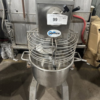 Univex SRM30+ 30 Qt planetary mixer with splash guard, stainless steel bowl, and dough hook. Serial M14010069, 115V 1 phase.
