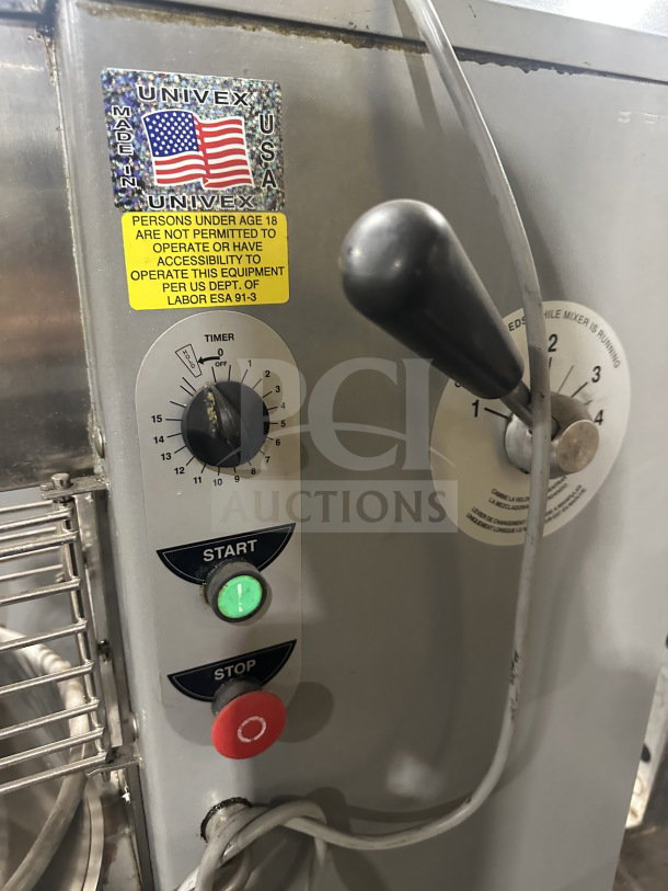 Univex SRM30+ commercial mixer with control panel, splash guard, and warning label. Includes stainless steel bowl. Model: SRM30+.