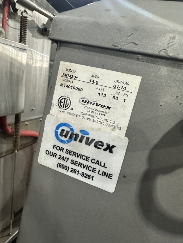 Univex SRM30+ mixer with splash guard, stainless steel bowl, dough hook, 115V, serial M14010069, in good condition.