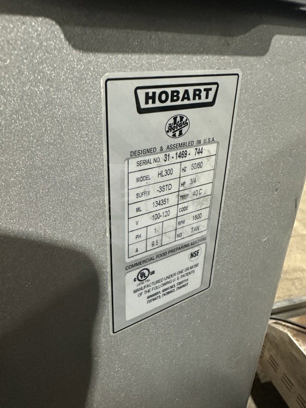 Hobart HL300 30 Qt. mixer with stainless steel bowl, bowl guard, flat beater. Serial 31-1469-744. 100-120V, 1 Phase.
