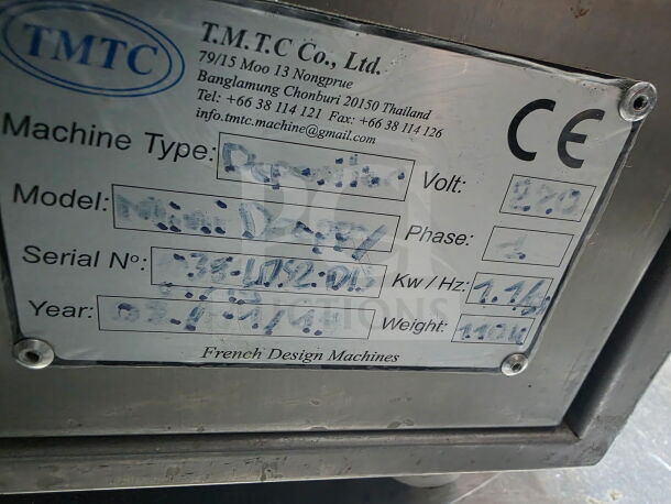 TMTC MINIDROPPY stainless steel pastry depositor machine tag, 220V, 1 Phase, SN: 4038-10S2-DIS, used condition.