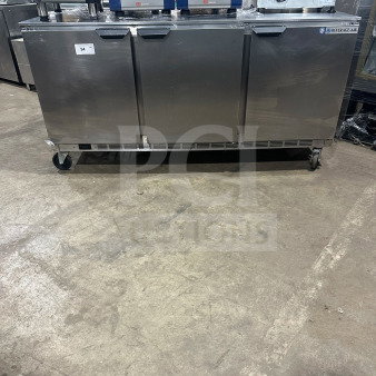 Beverage-Air UCR72AHC stainless steel 3-door undercounter refrigerator on casters, poly-coated wired rack, Model: UCR72AHC.