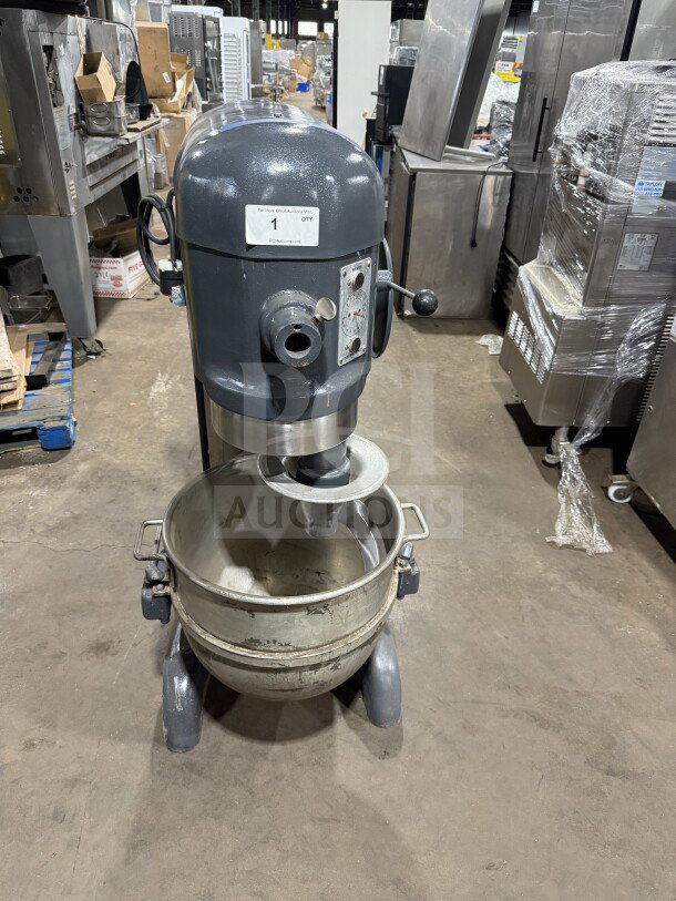 Hobart H-600T 60 Qt. charcoal gray electric dough mixer with bowl and hook. Model: H-600T, SN: 1729975, 220V 3 phase.
