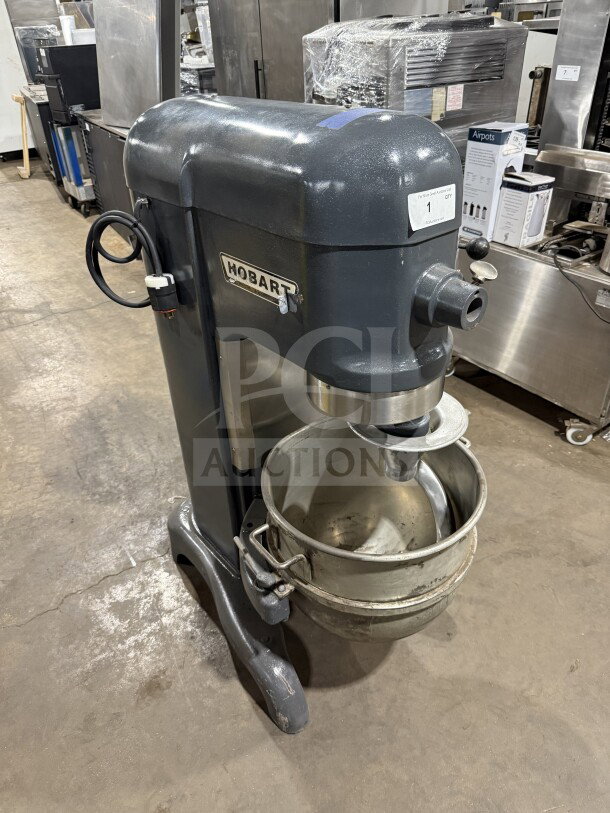 Hobart H600T 60 Qt. commercial dough mixer, charcoal gray, with mixing bowl and dough hook, 220V, 3-phase, SN: 1729975.