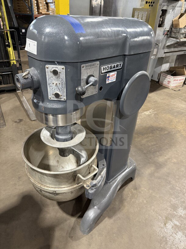 Hobart H-600T 60 Qt. commercial mixer, charcoal gray, with mixing bowl and dough hook, 220V 3 phase, model SN: 1729975.