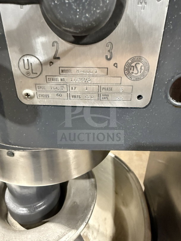 Hobart H600T commercial mixer, charcoal gray, 60 Qt, electric, with bowl and dough hook. Serial #1729975, 220V 3-phase.
