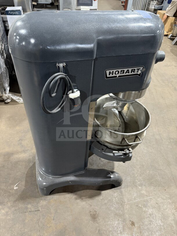 Hobart 60 Qt. planetary dough mixer, model H600T, charcoal gray, with mixing bowl and dough hook attachment, 220V 3-phase.