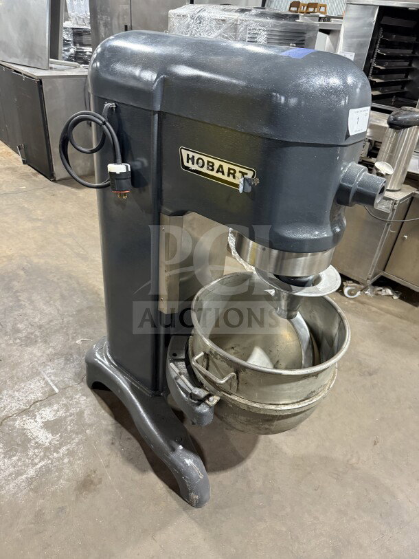 Hobart H-600T 60 Qt. charcoal gray dough mixer with mixing bowl and dough hook, electric-powered, 220V 3 Phase, SN: 1729975.