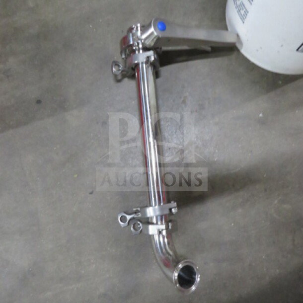 One 3 Vessel Brew House heat exchanger component, stainless steel, excellent condition. Visible pipe fitting and valve.