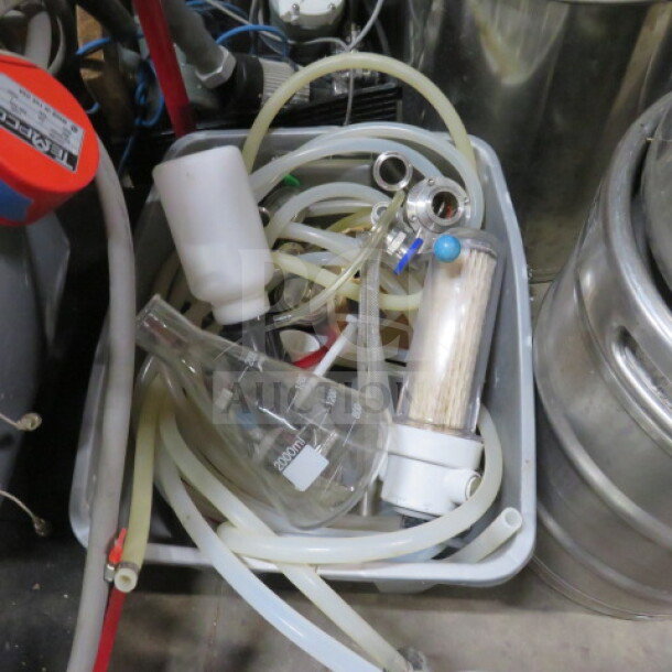 3 Vessel Brew House with Heat Exchanger, 253 Gallon; includes hoses, flask, filter; used condition.