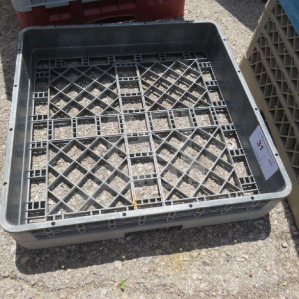 Gray flatware dishwasher rack with grid pattern. Appears in used condition. Label shows auction lot number.