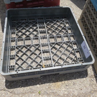 Gray flatware dishwasher rack with grid pattern. Appears in used condition. Label shows auction lot number.