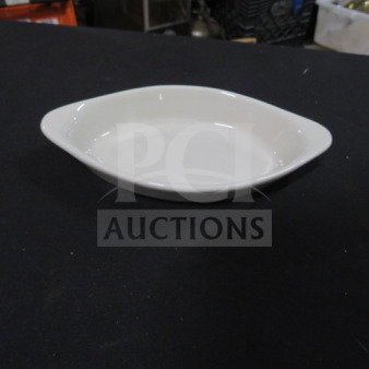 White 6.5x3.5 inch Welsh Rarebit dish, new condition, oval shape, smooth finish.