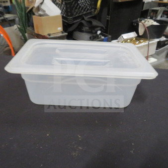 1/4 Size 4" Deep Food Storage Container with Lid, clear plastic, used condition, ideal for kitchen or catering storage.