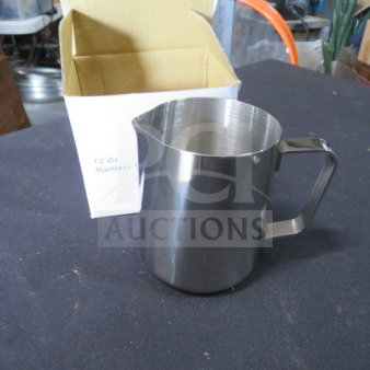 NEW 12oz stainless steel frothing pitcher, pristine condition, shiny finish, with original box labeled "12 Oz Stainless."