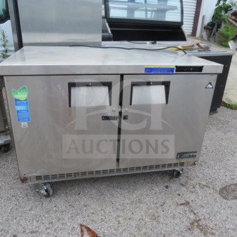 Everest ETBF2 two-door worktop freezer on casters, 47.5x31.5x35 inches, 115V, stainless steel, working condition, eco-friendly tag.