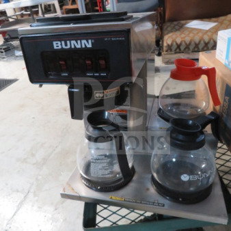 Bunn VP17-3-3L SST coffee brewer with 3 glass pots and filter basket, 120V, 16x18x18 inches, used condition.