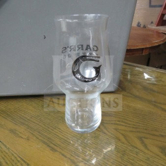 Glass beer cup with "Carr's Cider Co" logo, clear glass, new condition, distinctive shape, suitable for collectors.