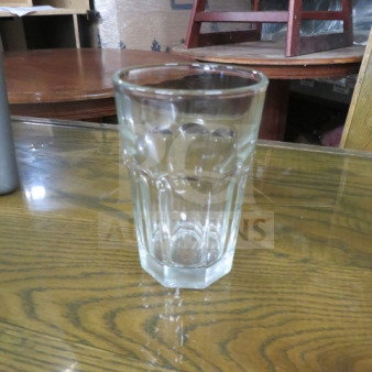 New 10oz glass bar tumbler with faceted design, clear, item code 12XBID, in excellent condition.