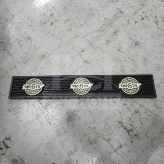 Nelson Greenbrier Whiskey bar mat, black rubber, three circular logos, DSP 5 TN markings, in good condition.