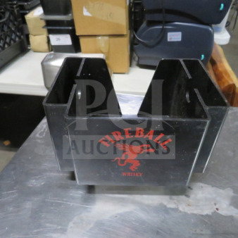 Fireball Whiskey bar organizer, black with red Fireball logo, used condition, ideal for holding bar supplies.