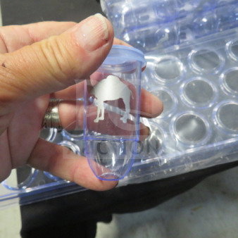 NEW Horeca shot glass holder with 50 poly shot glasses and lids. Clear design with camel emblem, excellent condition.