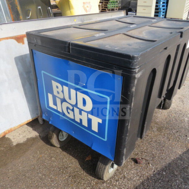 Sper Arctic IRP-1030 beer cooler, 456 Qt, on casters, with Bud Light branding. Dimensions: 61x31x40 inches. Used condition.