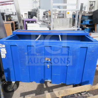 Blue Sper Arctic Beverage Cooler, Model IRP-2043, on casters. Measures 60x30x43 inches. Used condition with visible markings.
