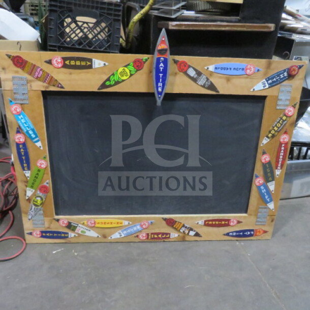 Wooden framed hanging menu chalkboard, 46x33 inches, vibrant decorative border with various colorful labels.