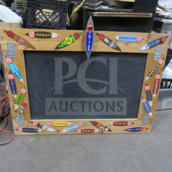 Wooden framed hanging menu chalkboard, 46x33 inches, vibrant decorative border with various colorful labels.