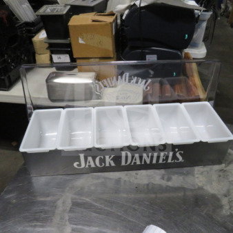 Alt text: Jack Daniels domed bar center with clear lid, five white compartments, and branding on the front. New condition.