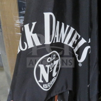 Jack Daniels patio umbrella with "Old No. 7 Brand" logo, black fabric. Great condition, perfect for outdoor use.
