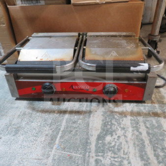 Avantco Dual Panini Press, Model 177P85S, features dual grilling surfaces, visible wear, 120V, temperature controls.