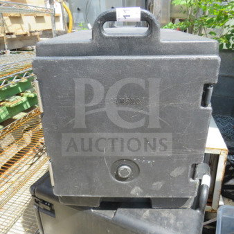 Cambro Ultra Pan Food Transport, durable black exterior, sturdy handles, used condition, Cambro logo embossed.