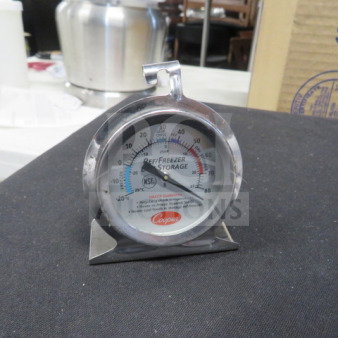 Cooper thermometer for refrigerator/freezer storage, stainless steel, dial with temperature range, stand base, excellent condition.