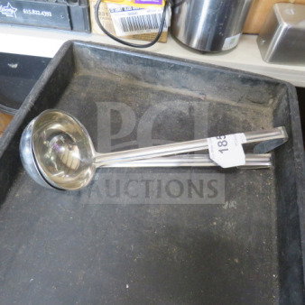 12oz stainless steel ladle in good condition with long handle, visible tag displaying "185" in a black tray.