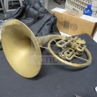 Vintage brass French horn decor, intact condition, intricate valve design, for decorative purposes, no visible maker marks.