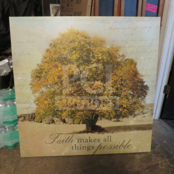 40x40 canvas picture featuring a tree with autumn leaves; text reads "Faith makes all things possible"; good condition.