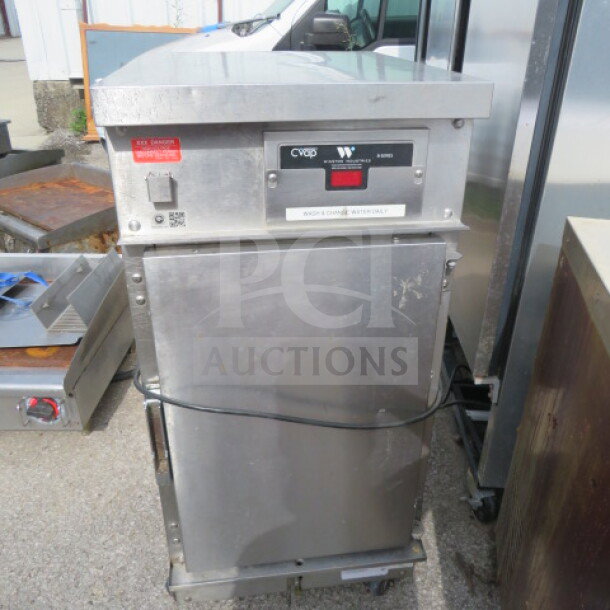 Winston CVAP B-series Holding Cabinet, model HA40055E, on casters, stainless steel, 120V, 19.5x25.5x43.5 inches.